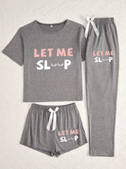 Simple Pajama 3pcs Simple Style Women's Pajama Set | Knit Polyester Sleepwear with Alphabet Print, Crew Neck, Bow Detail, for All Season Comfort Loungewear
