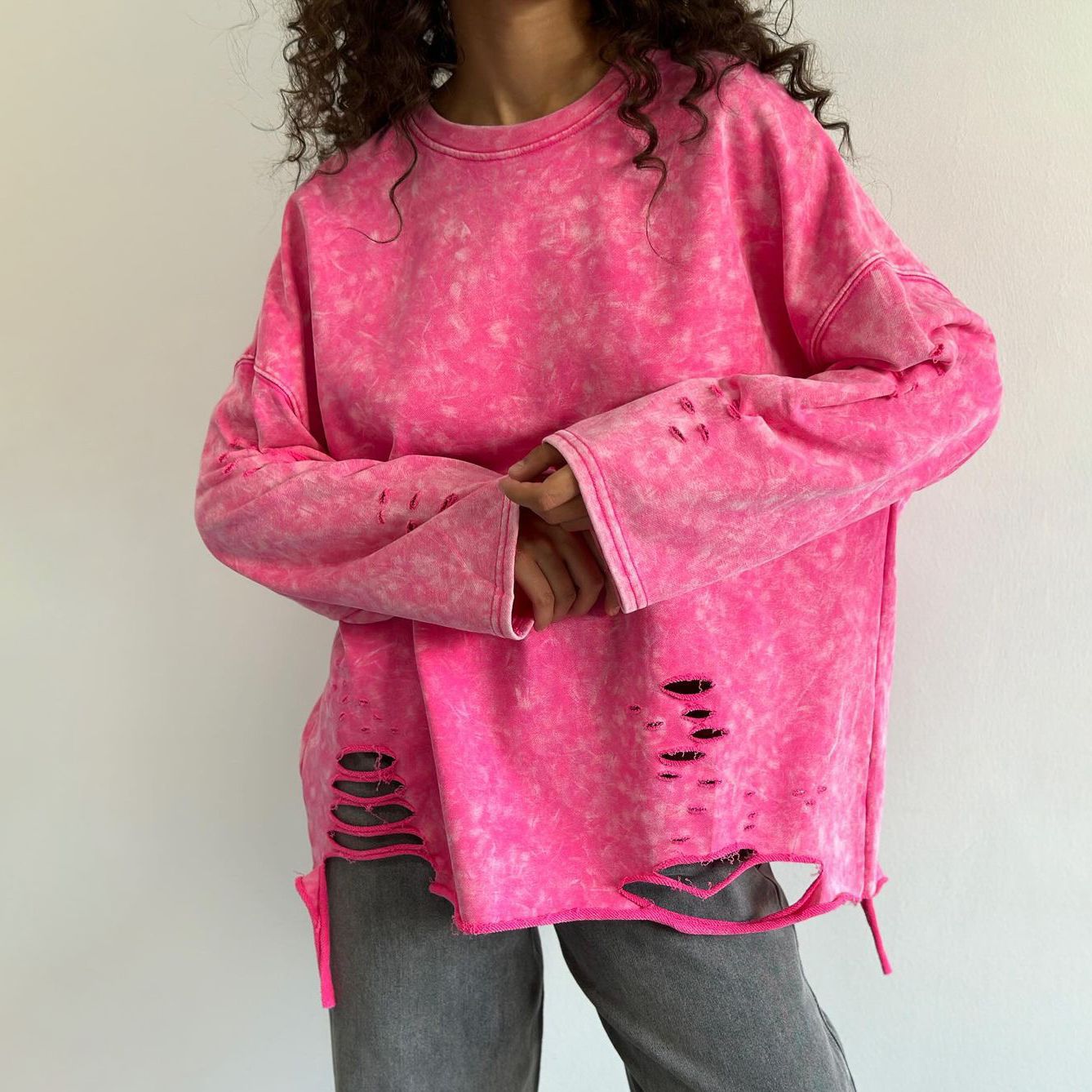 Women's Distressed Crew Neck Knit Sweater