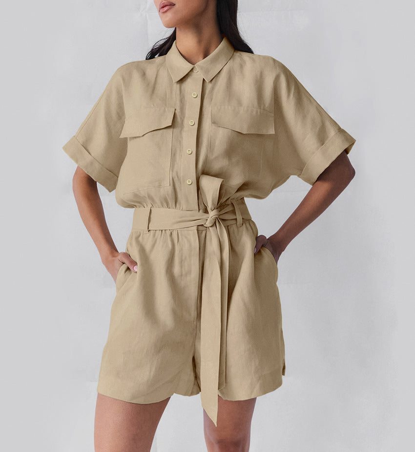 Women's Retro Lapel Wide-Leg Romper with Lace-Up Waist