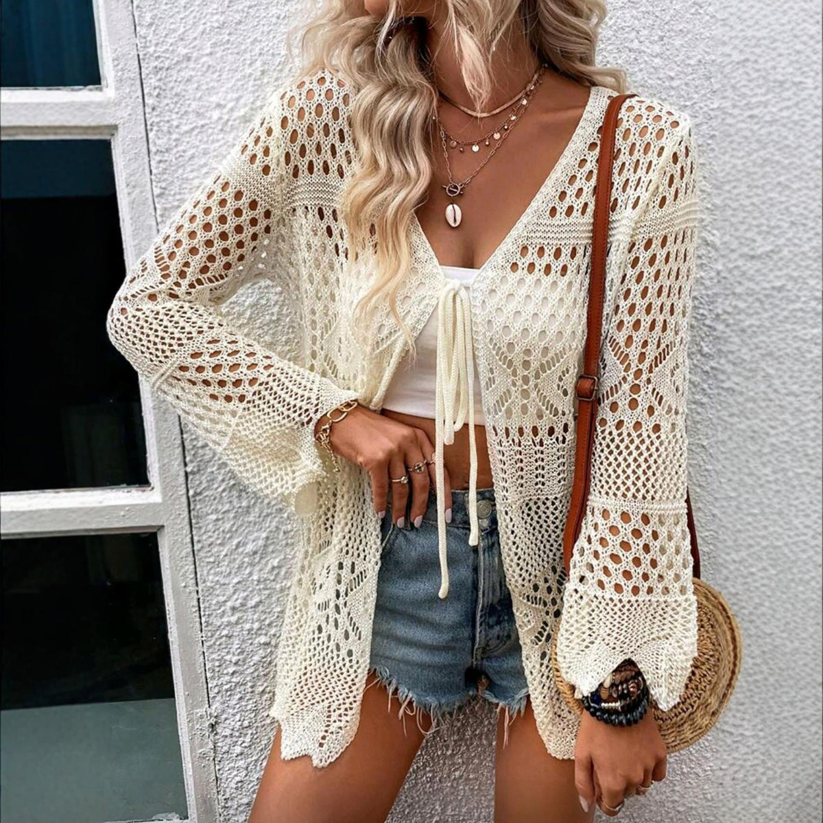V-neck Long-sleeve Sun-protective Cover-up Beach Cardigan