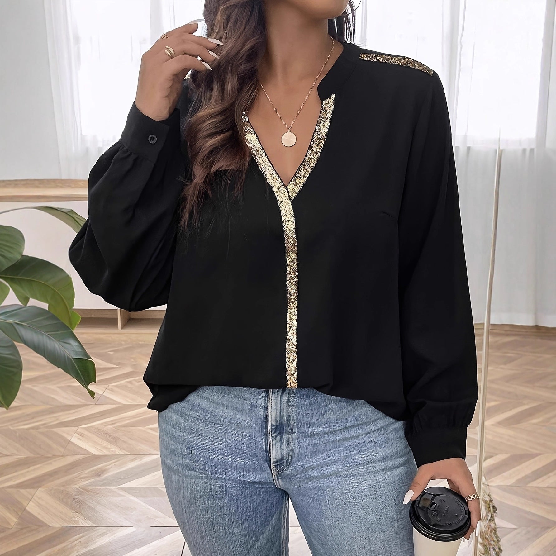 V-neck Loose-fit Sequin Patchwork Fashionable Shirt Top