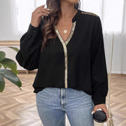 V-neck Loose-fit Sequin Patchwork Fashionable Shirt Top