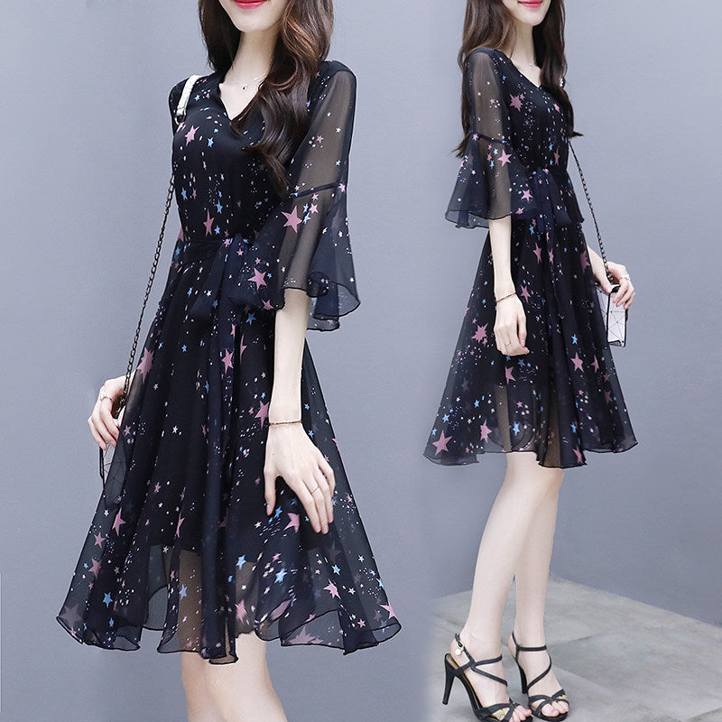 Elegant Social-print Chiffon Dress Korean Style