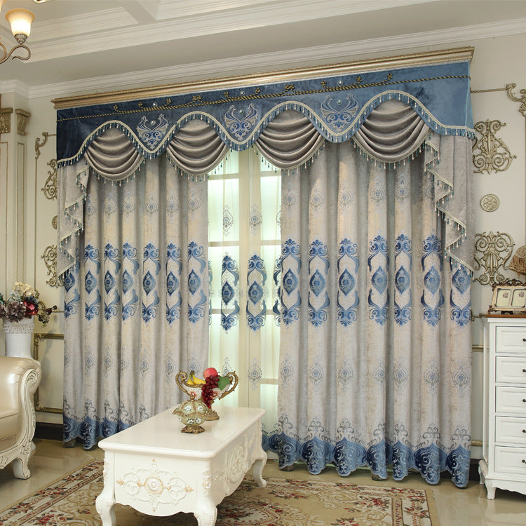 Blue Chenille Embroidered Curtains for Living Room Bedroom and Villa