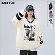 Contrast Color Digital Print Loose Pullover Sweater