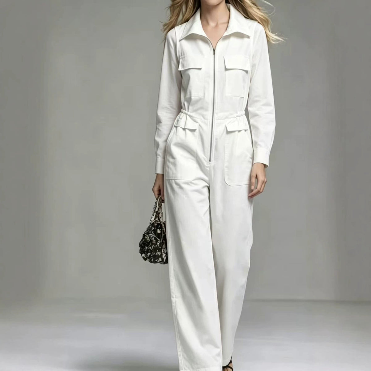 Womens White Long-sleeve Jumpsuit With A Lapel And Zipper