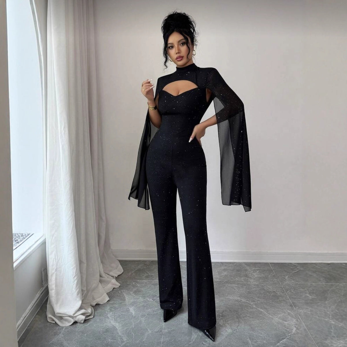 Elegant Cape-Style Ribbed Bodycon Jumpsuit