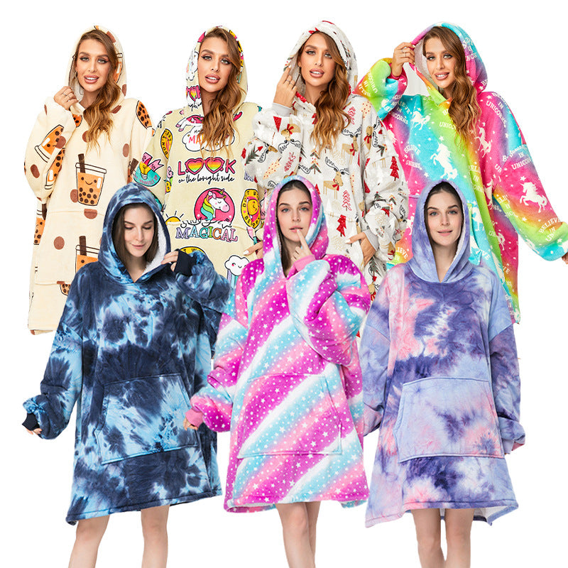 Printed Lazy Clothes Pullover Sweater Hooded Outdoor Wearable Blanket