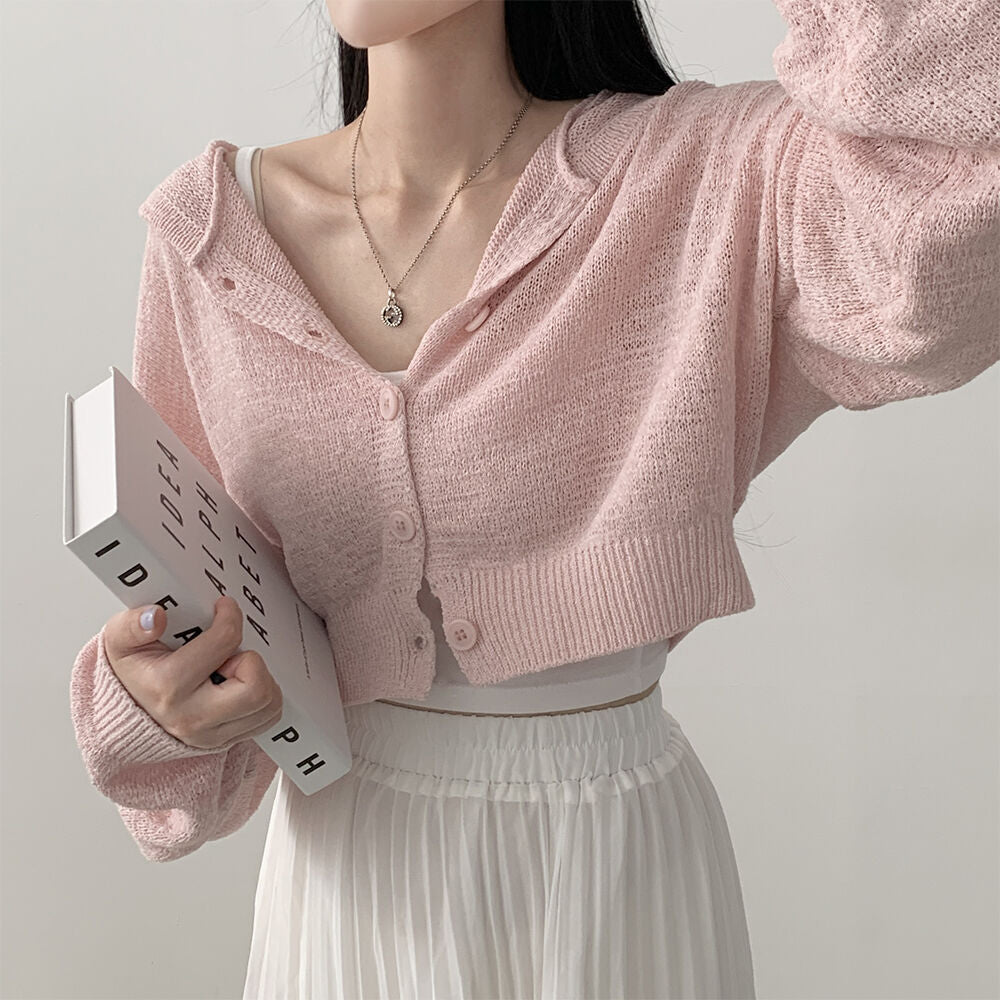 Lazy Style Thin Short Ice Silk Loose Lantern Sleeve Hooded Long-sleeved Cardigan