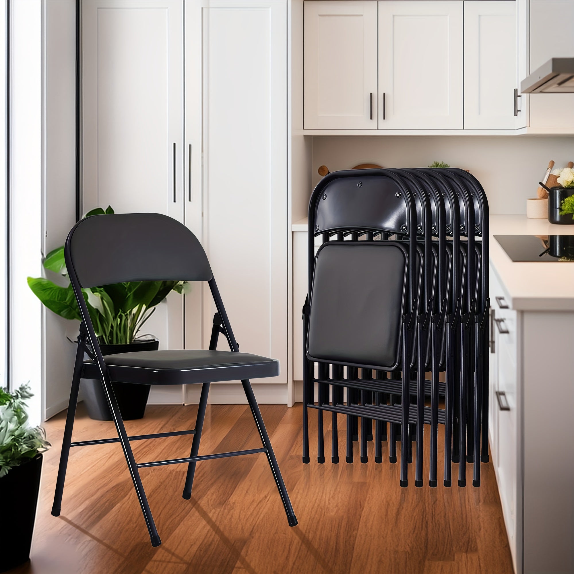 Black Folding Chair with Padded Cushion and Metal Frame