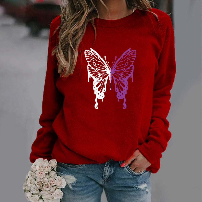 Butterfly Print Sports Pullover Round Neck Sweater
