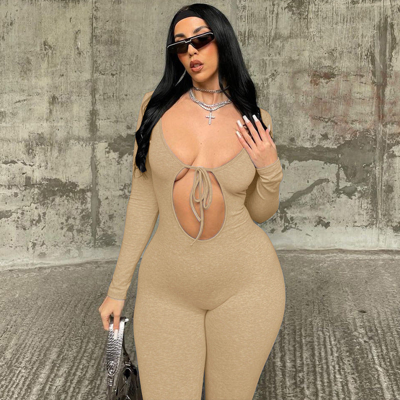 Slim-Fit Long Sleeve Chest Hollow Jumpsuit