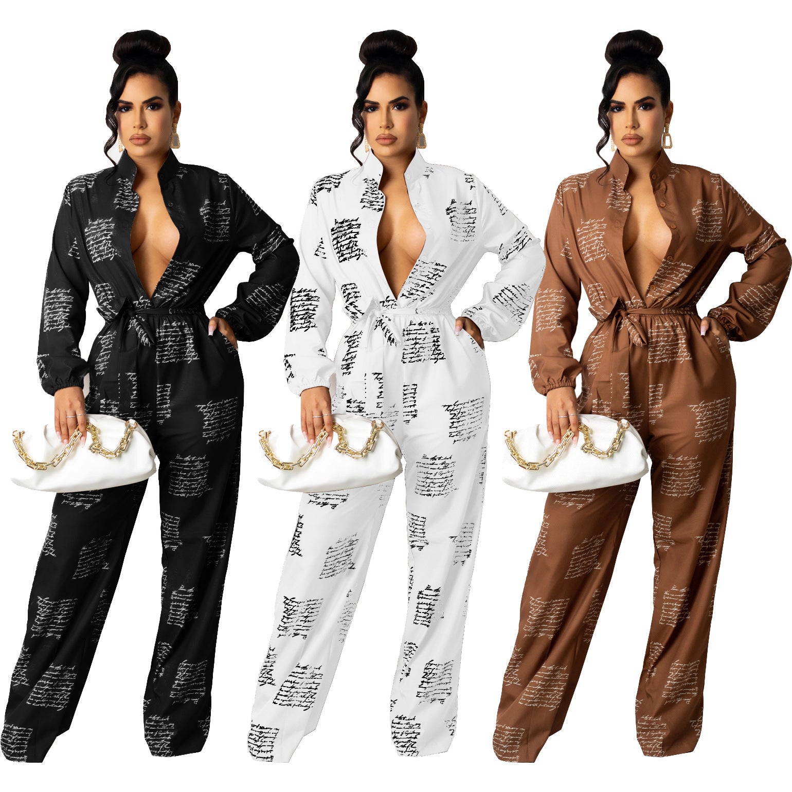 Women's Casual Long Sleeve Loose Shirt Jumpsuit