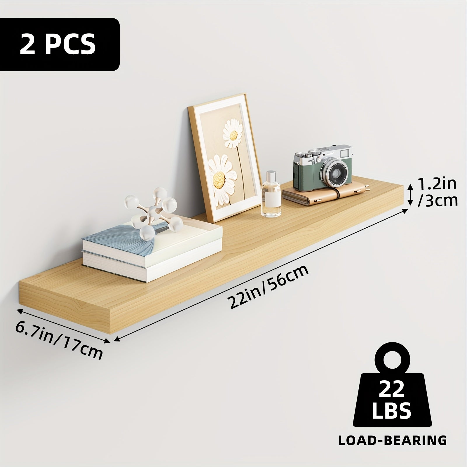 Set of wooden floating shelves for wall-mounted storage