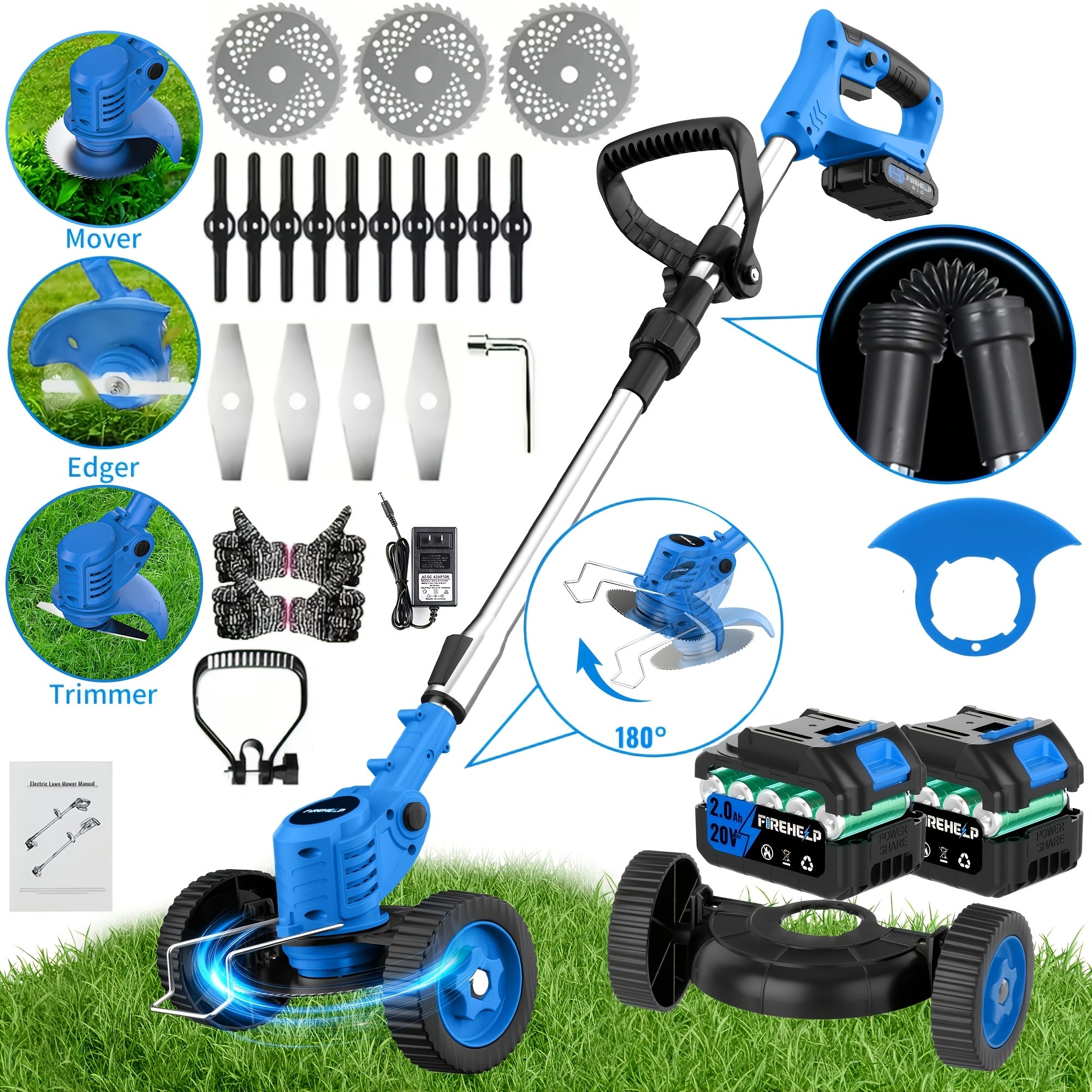 Cordless Electric Lawn Mower and Trimmer Set – Portable, 3 Blade Types, High-Capacity Lithium Battery