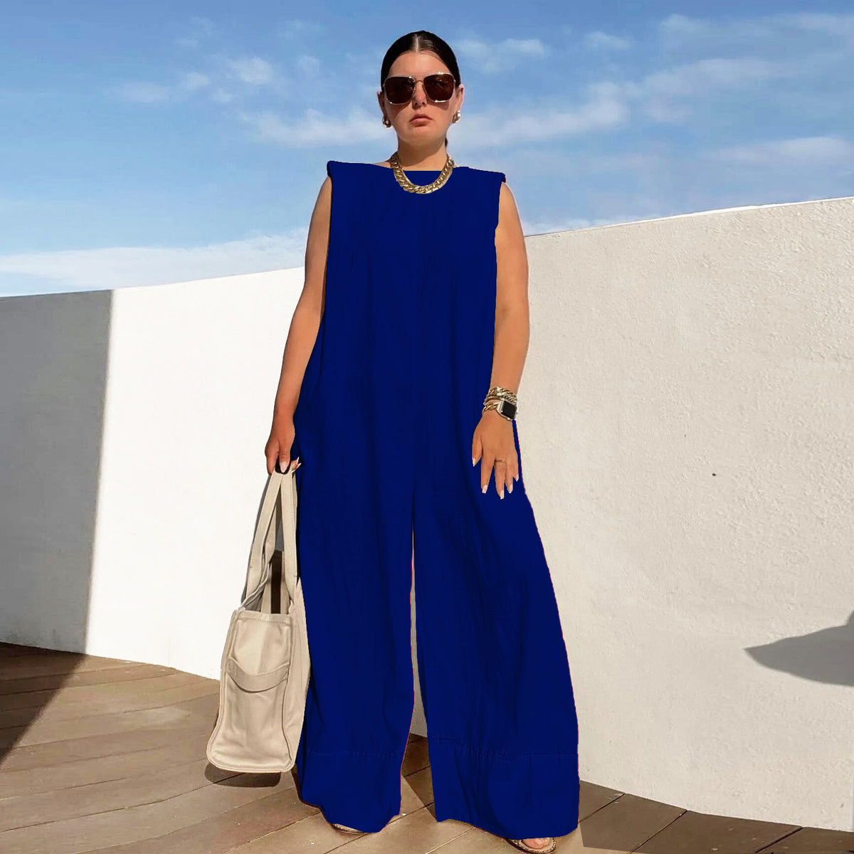 Chic Solid Color Wide Leg Casual Jumpsuit for Women