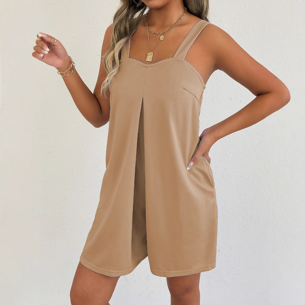 New Womens Loose-fitting Fashionable Solid-color Suspender Pantsoverall Jumpsuit
