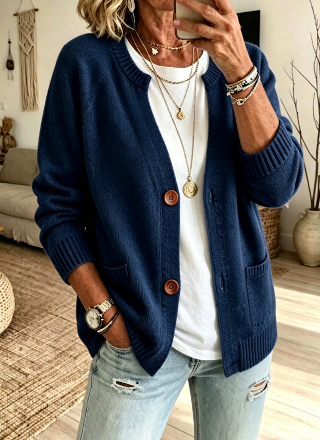 European and American-style Knitted Cardigan Sweater with a Stand-up Collar