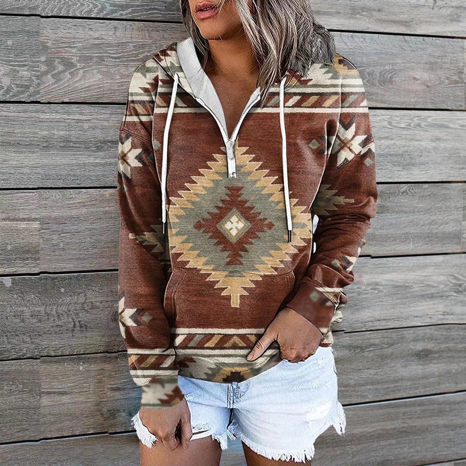 Ethnic Tribal Geometric Print Zip Hoodie