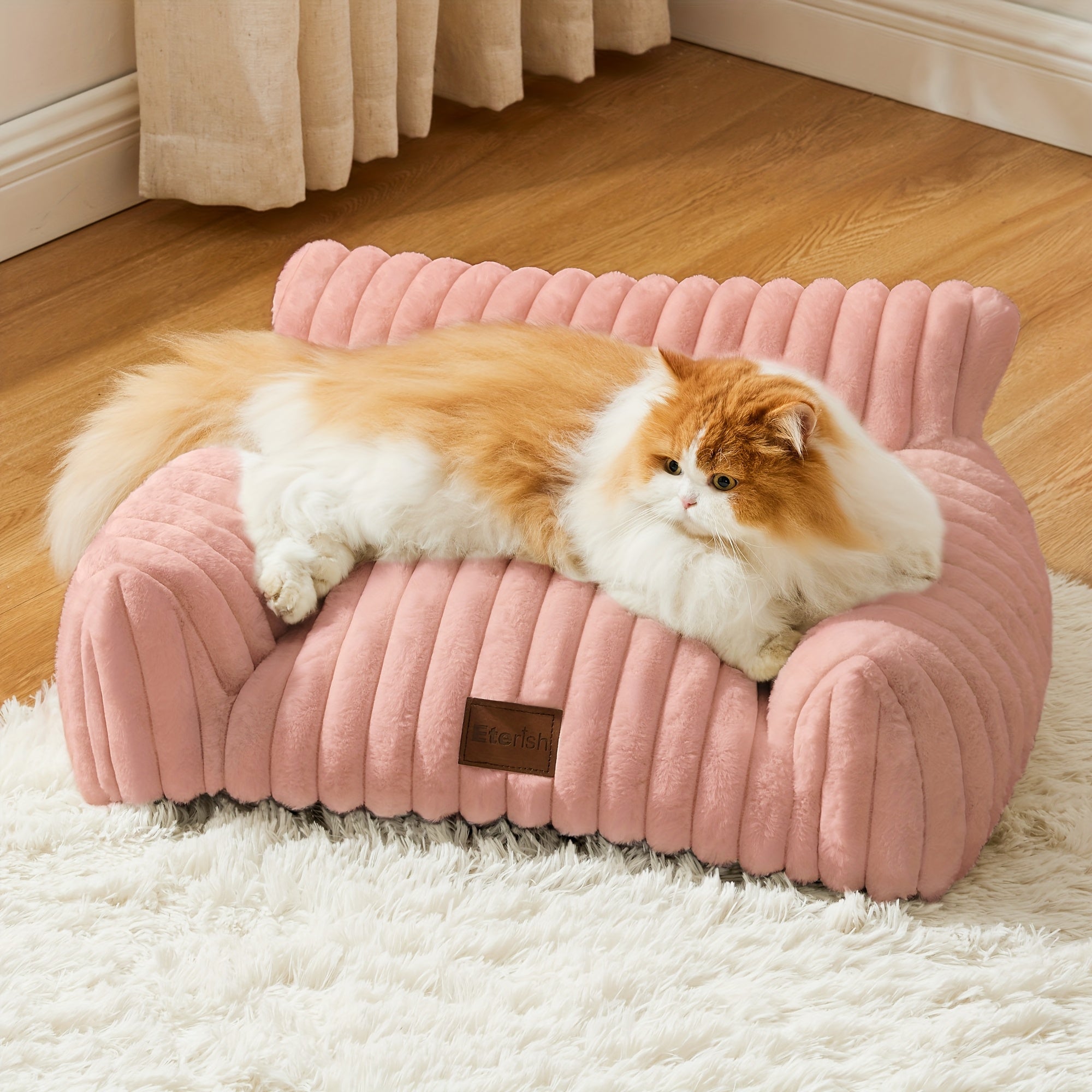 Cute Cat Couch, Fluffy Cat Sofa With Soft Corduroy Fleece, Fuzzy Pet Couch With Removable Washable Cover, Supportive Pet Sofa With Non-slip Bottom Dog Sofa Bed