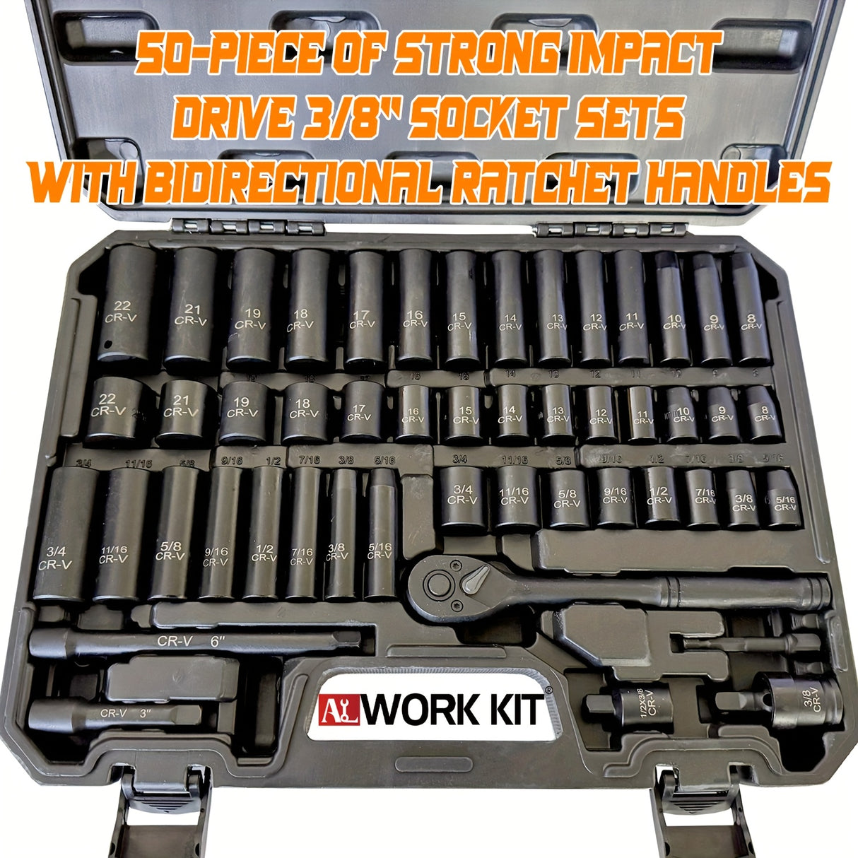 50pcs Impact Socket Set With Ratchet Handle - 3/8" Drive, Metric (8-22mm) & SAE (5/16-3/4-Inch) Sizes, CR-V Steel, Includes Adapters - For Boat DIY Enthusiasts & Mechanics - Perfect For Automotive ...