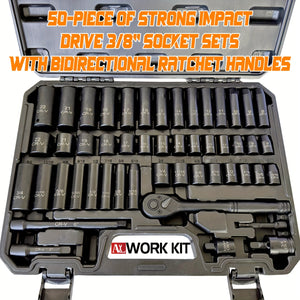 50pcs Impact Socket Set With Ratchet Handle - 3/8" Drive, Metric (8-22mm) & SAE (5/16-3/4-Inch) Sizes, CR-V Steel, Includes Adapters - For Boat DIY Enthusiasts & Mechanics - Perfect For Automotive ...
