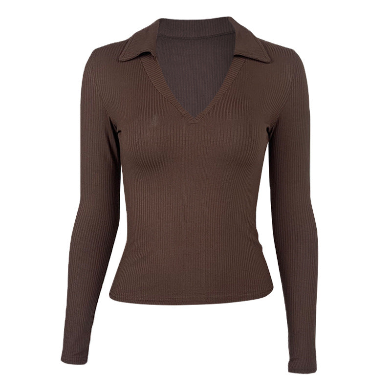 French-style Elegant Polo-neck Tight-fitting Pure Cotton Ribbed Fabric Deep V-neck Long-sleeve T-shirt