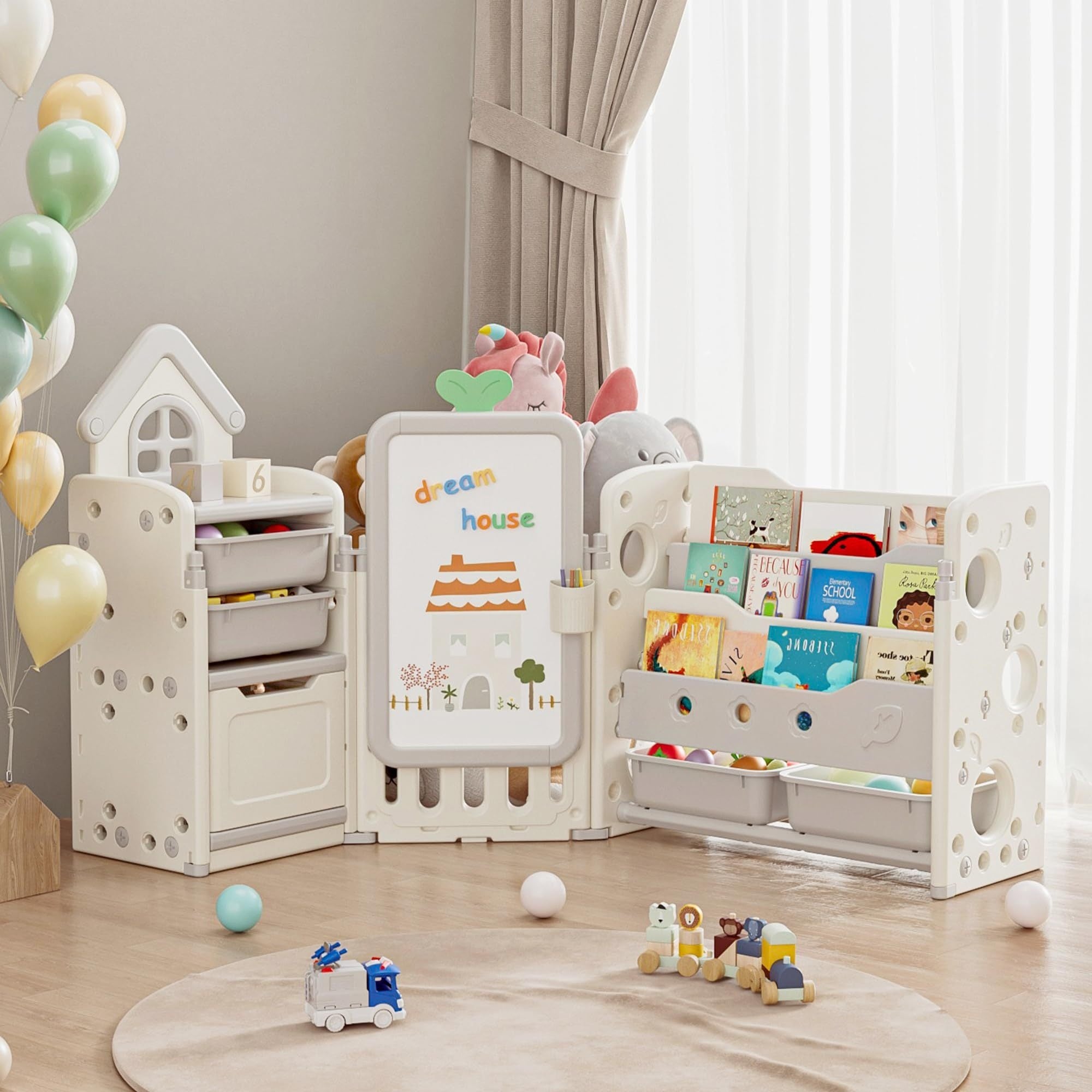 Multi-Function Storage Organizer with 10 Detachable Bins, 3‑Tier Bookshelf and Drawing Board