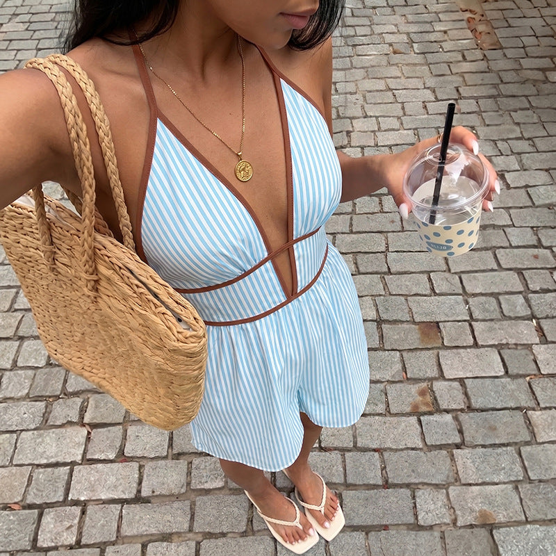 Best-selling  Resort-style Striped Halter-neck Deep-V Jumpsuit