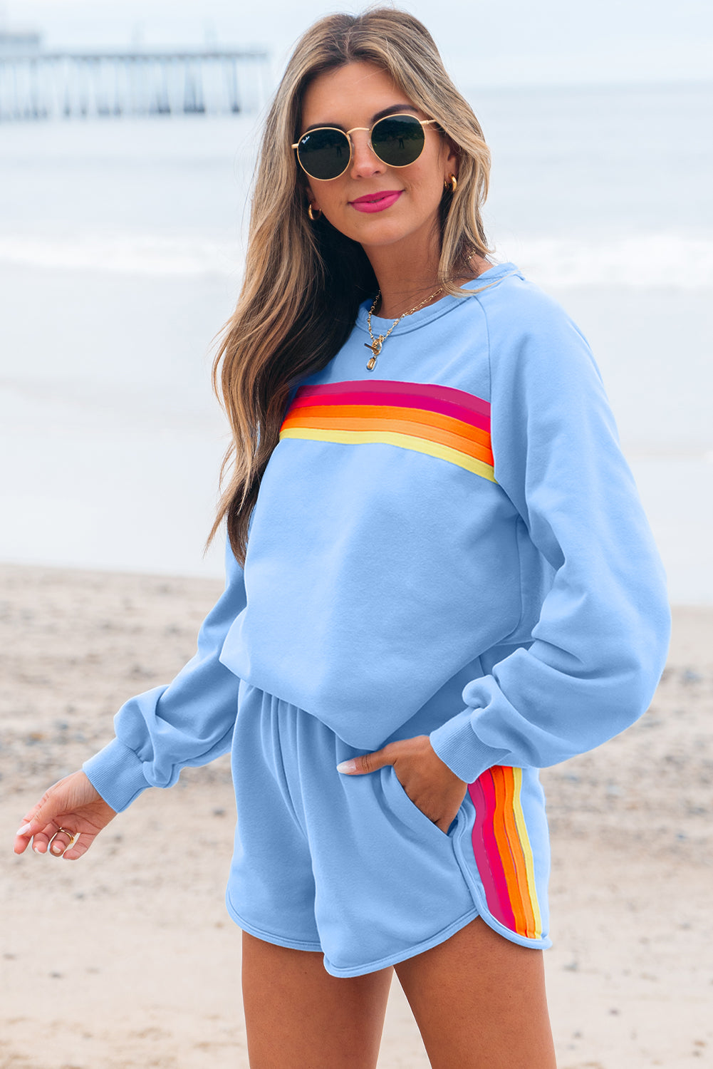 Beau Blue Accent Pullover And Shorts Two Piece Casual Set