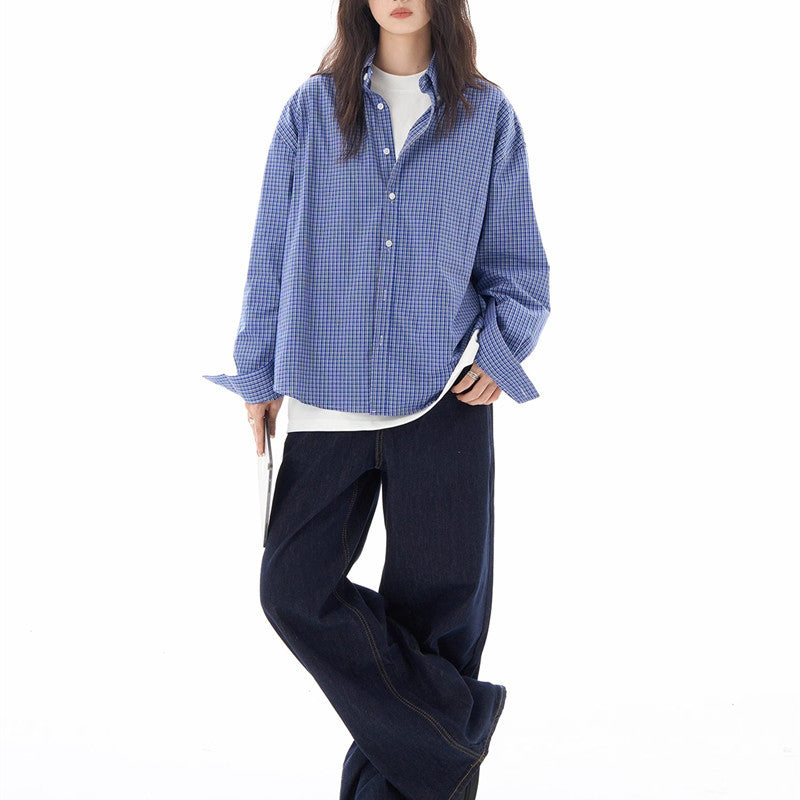 American Retro Blue Plaid Shirt Long Sleeve Women