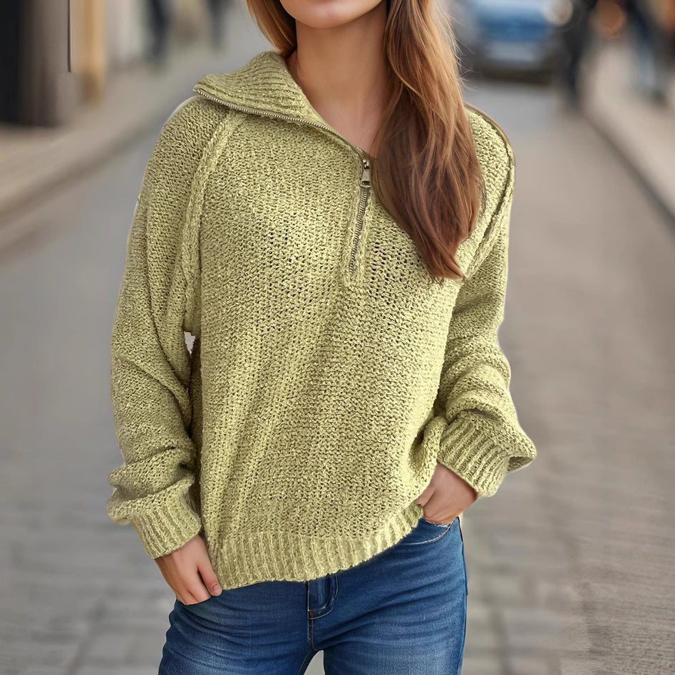 Womens Casual Solid-color Long-sleeve Lapel Zip-up Pullover Sweater