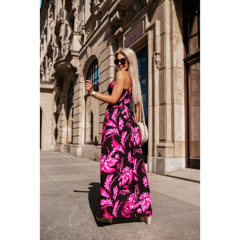 Womens Floral-print Strap Dress with Elastic Back Long Style