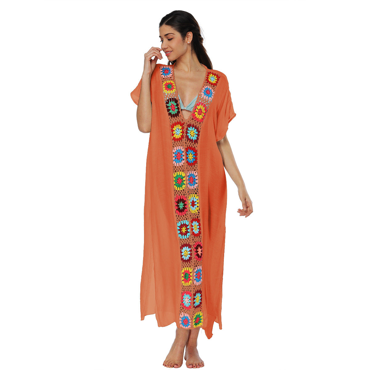 Hand-Knitted Patchwork Slit Maxi Dress