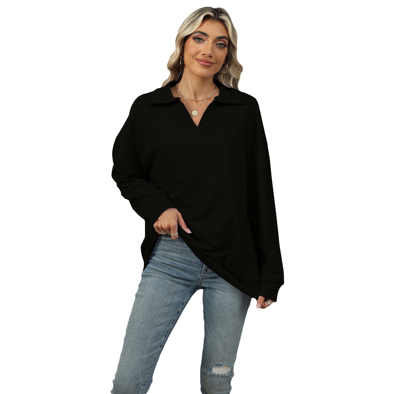 Cozy Solid Color Polo Collar Loose Long Sleeve Sweatshirt