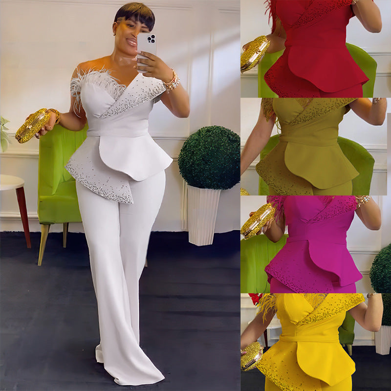Feather Off-Shoulder High Waist Casual Jumpsuit