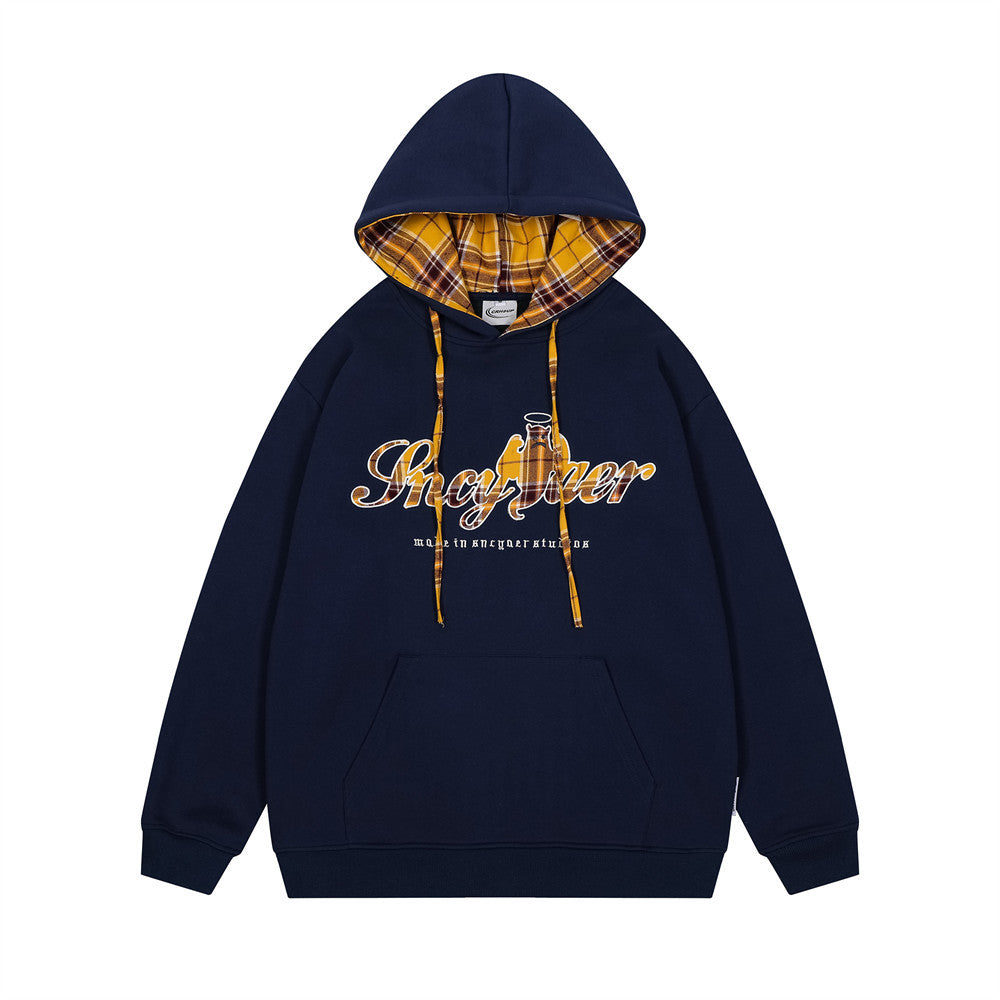 Plaid Applique Letter Hooded Sweatshirt