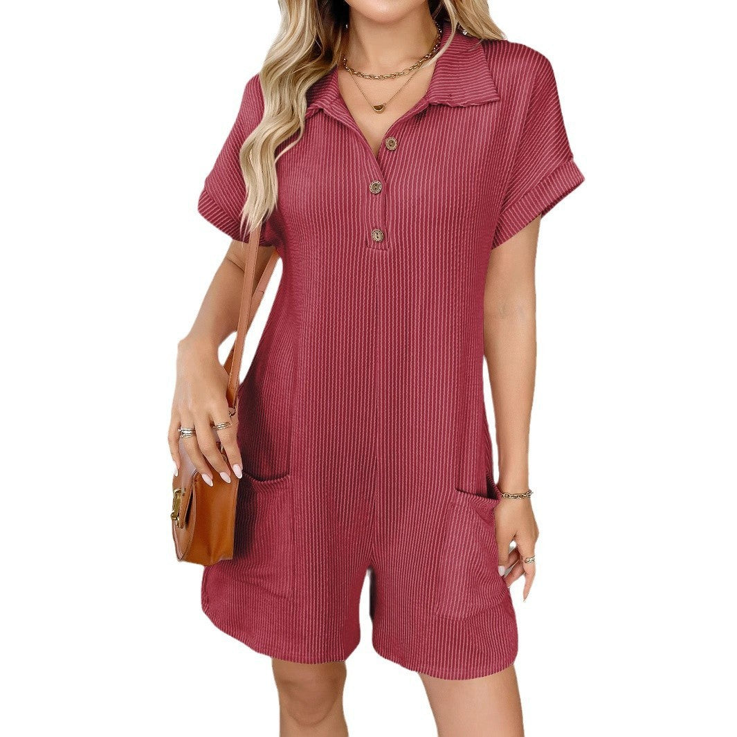 Turn-down Collar Buttoned Loose-fit Pocketed Short-sleeve Jumpsuit