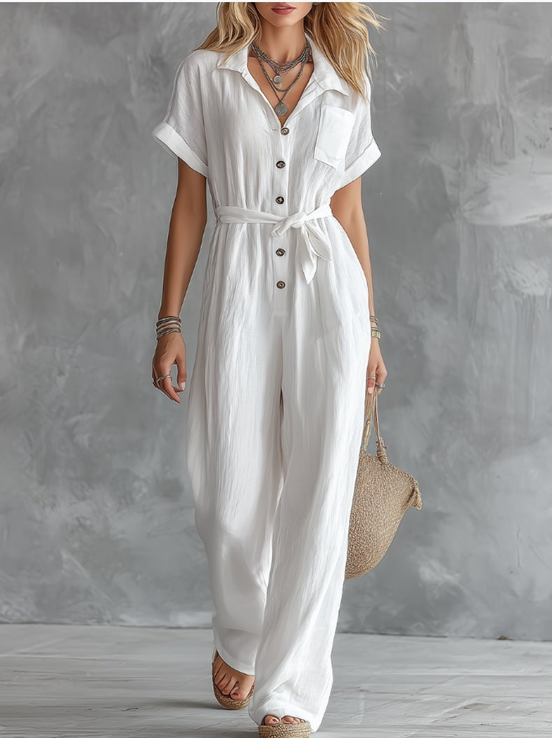 Womens Casual V-Neck Lace-Up Jumpsuit With Pockets