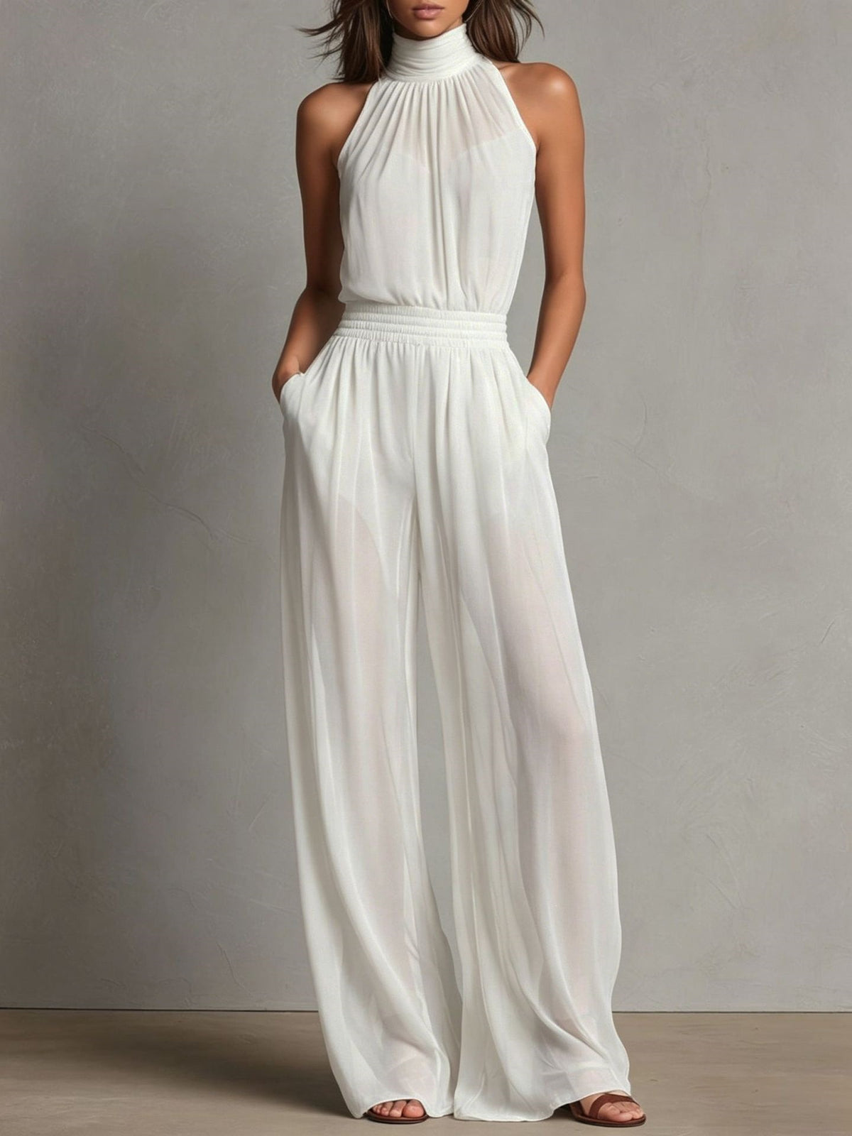 Womens Chiffon Spliced Sleeveless High-Neck Backless Wide-Leg Jumpsuit