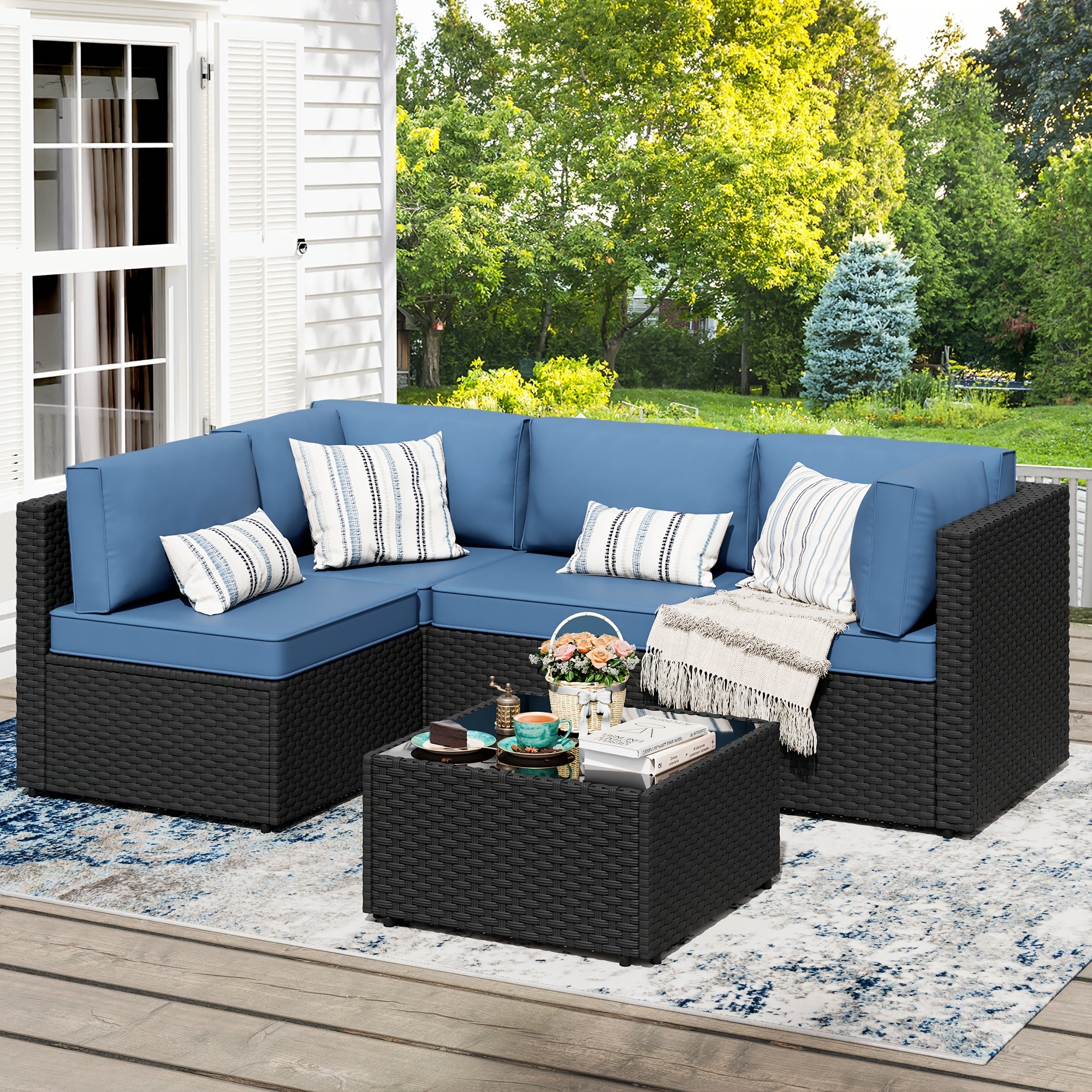 JAMFLY 5pcs Outdoor Patio Sectional Sofa Set PE Rattan Wicker Terrace Furniture with Thick Cushions & Tempered Glass Table for Garden Porch Deck