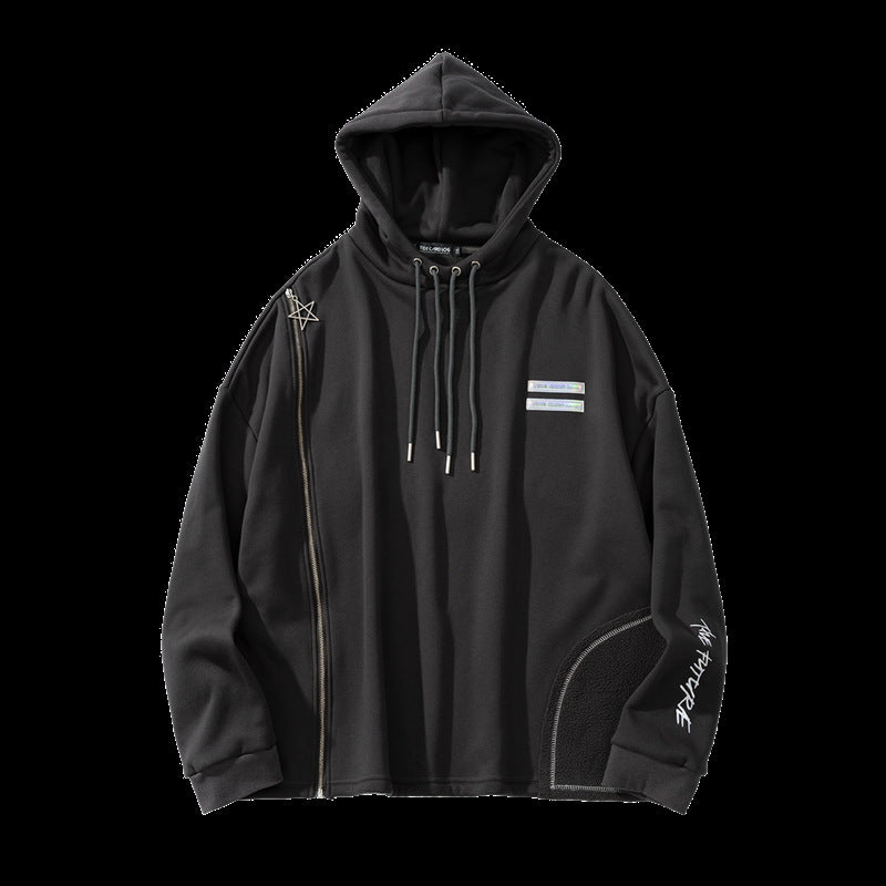Retro Fleece Zip Hoodie with Drawstring & Pockets
