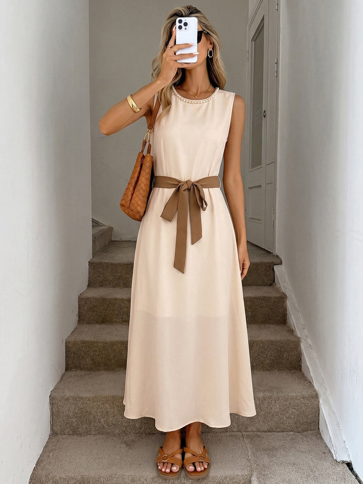 Pearl Neck Sleeveless Self-tie Belt A-line Midi Dress