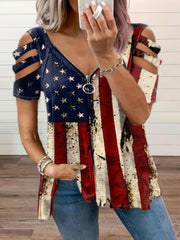 Women's Plus‑Size Flag Print Zip‑Up T‑Shirt – Short Sleeve, Self‑Pickup