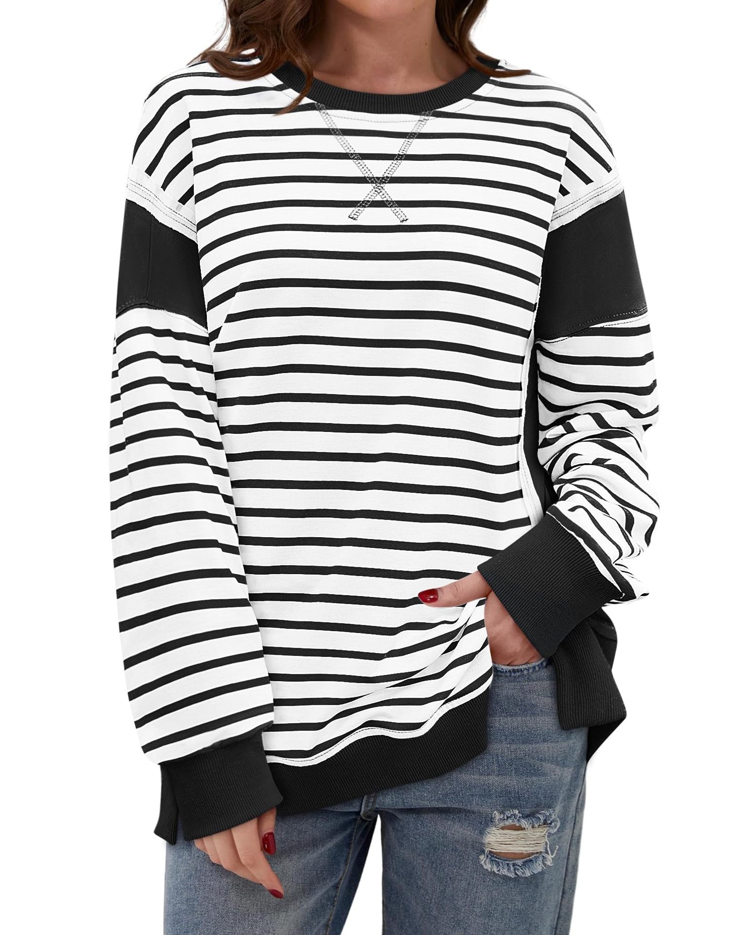 Colorblock Striped Long Sleeve Casual Pullover Sweatshirt