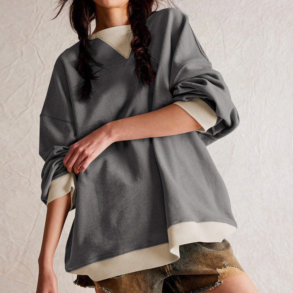 Color-Block Lantern Sleeve Casual Pullover Sweatshirt