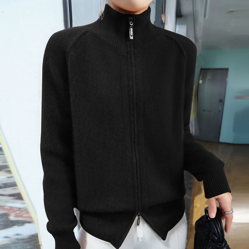 Seven-pin Thickened Double Zipper Half Turtleneck Knitted Cardigan Coat Sweater