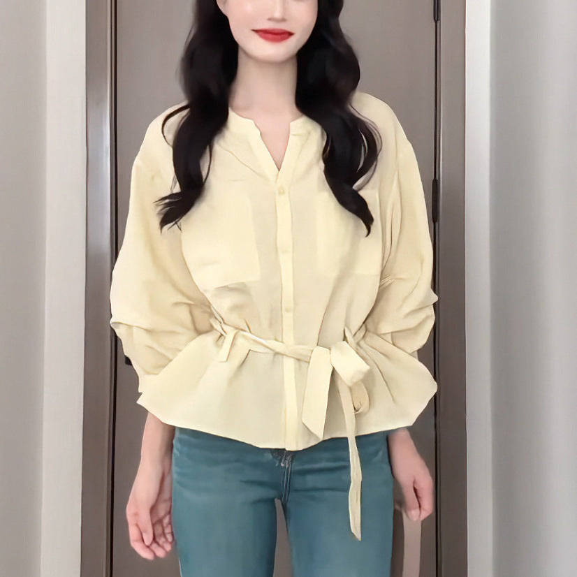 Loose, Casual, Slimming Lace-Up Shirt For Early Autumn Womens