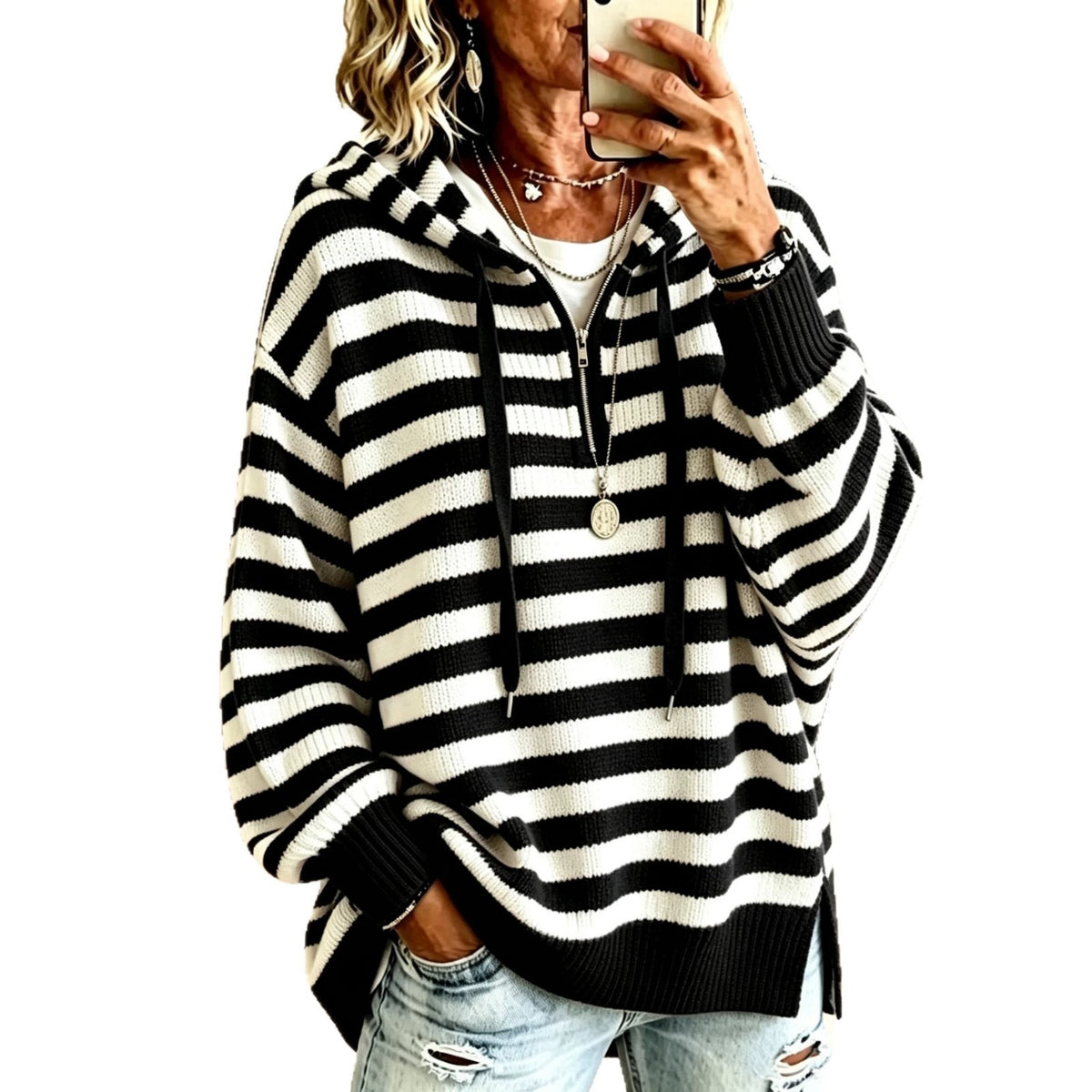 Retro Color-block Striped Half-zip Sweater with a Mock Neck