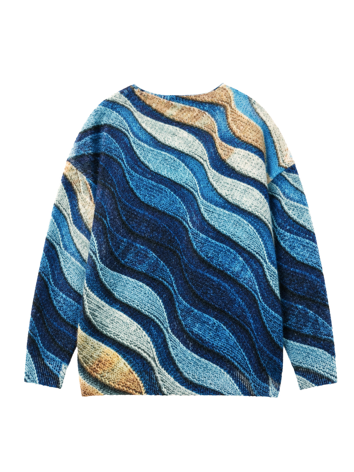 Retro Gradient Blue Wave Pattern Knitted Cardigan Ladies Oversized Polyamide Outerwear